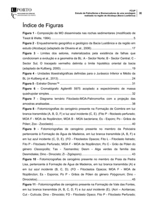 FCUP
Estudo de Palinofácies e Biomarcadores de uma sondagem
realizada na região de Alcobaça (Bacia Lusitânica)
IX
Índice de Figuras
Figura 1 - Composição da MO disseminada nas rochas sedimentares (modificado de
Tissot & Welte, 1984). ...................................................................................................5
Figura 2 - Enquadramento geográfico e geológico da Bacia Lusitânica e da região em
estudo (Alcobaça) (adaptado de Oliveira et al., 2006).................................................17
Figura 3 - Limites dos setores, materializados pela existência de falhas que
condicionam a evolução e a geometria da BL: A - Sector Norte; B - Sector Central; C -
Sector Sul; O tracejado vermelho delimita o limite hipotético oriental da bacia
(adaptado de Kullberg, 2000). .....................................................................................19
Figura 4 - Unidades litoestratigráficas definidas para o Jurássico Inferior e Médio da
BL (in Kullberg et al., 2013). ........................................................................................ 24
Figura 5 - Extrator Dionex™ ....................................................................................... 31
Figura 6 - Cromatógrafo Agilent® 5975 acoplado a espectrómetro de massa
quadrupolar simples. ...................................................................................................32
Figura 7 - Diagrama ternário Fitoclasto-MOA-Palinomorfos com a projeção das
amostras analisadas....................................................................................................38
Figura 8 - Fotomicrografias do cerogénio presente na Formação de Coimbra em luz
branca transmitida (A, B, D, F) e luz azul incidente (C, E). (Fito P - fitoclasto perfurado;
MOA F - MOA de fitoplâncton; MOA B - MOA bacteriana; Es - Esporo; Po - Grãos de
Pólen; Zoo - Zooclasto). .............................................................................................. 40
Figura 9 - Fotomicrografias de cerogénio presente no membro da Polvoeira
pertencente à Formação de Água de Madeiros, em luz branca transmitida (A, B, F) e
em luz azul incidente (C, D, E). (FO - Fitoclastos Opacos; Fito L - Fitoclasto listrado;
Fito P - Fitoclasto Perfurado; MOA F - MOA de fitoplâncton; Po C - Grão de Pólen do
género Classopollis; Tas - Tasmanites; Desm - Alga verdes da família das
Desmidiales; Dino - Dinocisto; Zi - Zigósporo)............................................................. 43
Figura 10 - Fotomicrografias de cerogénio presente no membro da Praia da Pedra
Lisa, pertencente à Formação de Água de Madeiros, em luz branca transmitida (A) e
em luz azul incidente (B, C, D). (FO - Fitoclastos Opacos; MOA F - MOA de
fitoplâncton; Es - Esporos; Po P - Grãos de Pólen do género Polygonum; Dino -
Dinocistos)...................................................................................................................45
Figura 11 - Fotomicrografias de cerogénio presente na Formação de Vale das Fontes,
em luz branca transmitida (A, B, C, D, F) e luz azul incidente (E). (Acri – Acritarcas;
Cut - Cutícula; Dino - Dinocisto; FO - Fitoclasto Opaco; Fito P - Fitoclasto Perfurado;
 