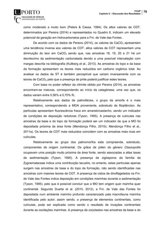 FCUP
Capítulo V – Discussão dos Resultados
78
como moderado a muito bom (Peters & Cassa, 1994). Os altos valores de COT,
determinados por Pereira (2014) e representados no Quadro 6, indicam um elevado
potencial de geração em hidrocarbonetos para a Fm. de Vale das Fontes .
De acordo com os dados de Pereira (2014), os valores de CaCO3 apresentam
uma tendência inversa aos valores de COT: altos valores de COT representam uma
diminuição do teor em CaCO3 sendo que, nas amostras 18, 19, 20 e 21 há um
decréscimo da sedimentação carbonatada devido a uma possível intercalação com
margas descrita na bibliografia (Kullberg et al., 2013). As amostras do topo e da base
da formação apresentam os teores mais reduzidos em carbono orgânico total. Ao
analisar os dados de ST é também perceptível que variam inversamente com os
teores de CaCO3, pelo que a presença de pirite poderá justificar estes teores.
Com base no poder refletor da vitrinite obtido por Pereira (2014), as amostras
encontram-se maturas, correspondendo ao início da catagénese, uma vez que, os
dados variam entre 0,56% e 0,70% Rr.
Relativamente aos dados de palinofácies, o grupo da amorfa é o mais
representativo, correspondendo a MOA proveniente, sobretudo de fitoplâncton. As
partículas apresentam fluorescência fraca em amarelo/castanho, sendo um indicador
de condições de deposição redutoras (Tyson, 1995). A presença de cutículas nas
amostras da base e do topo da formação poderá ser um indicador de que a MO foi
depositada próxima da área fonte (Mendonça Filho, 2010c; Mendonça Filho et al.,
2011a). Os teores de COT mais reduzidos coincidem com as amostras mais ricas em
cutículas.
Relativamente ao grupo dos palinomorfos este compreende, sobretudo,
componentes de origem continental. Os grãos de pólen do género Classopollis
ocupavam uma posição muito próxima da área fonte, sendo associadas a altas taxas
de sedimentação (Tyson, 1995). A presença de zigósporos da família da
Zygnemataceae indica uma contribuição lacustre, no entanto, estas partículas apenas
surgem nas amostras da base e do topo da formação, não sendo identificadas nas
amostras com maiores teores de COT. A presença de cistos de dinoflagelados na Fm.
de Vale das Fontes indica deposição em condições marinhas durante a sedimentação
(Tyson, 1995), pelo que é possível concluir que a MO tem origem quer marinha quer
continental. Segundo Duarte et al. (2010, 2012), a Fm. de Vale das Fontes foi
depositada num ambiente marinho profundo caracterizado pela macrofauna marinha
identificada pelo autor; assim sendo, a presença de elementos continentais, como
cutículas, pode ser explicada como sendo o resultado de invações continentais
durante as oscilações marinhas. A presença de zooclastos nas amostras da base e do
 
