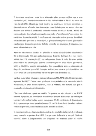 105
É importante mencionar, nesta breve discussão sobre os erros médios, que o erro
sistemático (ME) influencia as medidas de erro aleatório MAE e RMSE. Ao haver um
viés elevado (ME diferente de zero), positivo ou negativo, as previsões encontram-se
sistematicamente afastadas das observações, contribuindo para um maior valor nos
módulos dos desvios e conduzindo a maiores valores de MAE e RMSE. Assim, um
outro parâmetro de avaliação empregado para medir o “espalhamento” dos pontos, é o
coeficiente de correlação (R). O coeficiente de correlação mede o grau de linearidade
observado entre previsões e observações, e grosseiramente pode-se dizer que mede o
espalhamento dos pontos em torno da linha vermelha nos diagramas de dispersão, não
sendo influenciado pelo viés.
Além dos erros médios, a Tabela 6.1 apresenta os valores dos coeficientes de correlação
(R) e determinação (R2
), para cada diagrama de dispersão da Figura 6.1, e os valores
médios das 1150 observações (O ) em cada período diário. A razão dos erros médios
pelas médias das observações, permite a determinação dos erros médios percentuais,
ME% e RMSE%, também apresentados. Em concordância com os diagramas de
dispersão, verifica-se que o ME é sempre positivo para todos os períodos diários, e o
ME% revela um viés relativamente elevado nas previsões do modelo Eta.
Verifica-se, na tabela 6.1, que os maiores valores para ME, MAE e RMSE ocorrem para
o período Rad18UT. Porém, como geralmente neste período ocorre a maior incidência
de radiação, os erros médios relativos, ME% e RMSE%, são menores dos que os
observados nos demais períodos diários.
Observa-se ainda que, apesar do modelo Eta possuir um viés elevado e um RMSE
também expressivo, os coeficientes de correlação indicam bons níveis de correlações
entre previsões e observações, sempre superiores a 0,7. Os coeficientes de determinação
(R2
) expressam que entre aproximadamente 50 e 65% da variância das observações é
comum às previsões, considerando os quatro períodos avaliados.
O exame conjunto dos diagramas de dispersão e dos resultados da tabela 6.1, revela que,
como esperado, o período Rad18UT é o que mais influencia a Integral Diária de
radiação. Tanto o comportamento dos diagramas de dispersão como os valores
 