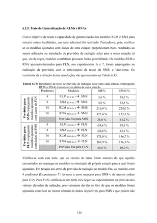 135
6.2.5. Teste de Generalização de RLMs e RNAs
Com o objetivo de testar a capacidade de generalização dos modelos RLM e RNA para
simular outras localidades, um teste adicional foi realizado. Pretende-se, pois, verificar
se os modelos ajustados com dados de uma estação proporcionam bons resultados ao
serem aplicados na simulação de previsões de radiação solar para a outra estação, já
que, via de regra, modelos estatísticos possuem baixa generalidade. Os modelos RLM e
RNA ajustados/treinados para FLN, nos experimentos A e 7, foram empregados na
realização de previsões com o subconjunto de testes de SMS, e vice-versa. Os
resultados da avaliação destas simulações são apresentados na Tabela 6.15.
Tabela 6.15: Resultados de teste de previsão de radiação solar para cada estação empregando
RLMs e RNAs treinadas com dados da outra estação.
Preditores Modelos ME% RMSE%
8 RLM FLN-Ex.7 SMS 3,6 % 38,2 %
8 RNA FLN-Ex.7 SMS 4,9 % 35,6 %
36 RLM FLN-Ex.A SMS 216,9 % 224,0 %
36 RNA FLN-Ex.A SMS 122,4 % 133,1 %
Previsõespara
SMSempregando
modelosajustados
comdadosdeFLN
Previsão Eta para SMS 28,0 % 43,2 %
8 RLM SMS-Ex.7 FLN -24,6 % 38,9 %
8 RNA SMS-Ex.7 FLN -28,0 % 42,1 %
36 RLM SMS-Ex.A FLN 175,0 % 196,7 %
36 RNA SMS-Ex.A FLN 169,9 % 176,1 %
Previsõespara
FLNempregando
modelosajustados
comdadosdeSMS
Previsão Eta para FLN 24,6 % 40,0 %
Verifica-se com este teste, que os valores de erros foram maiores do que aqueles
encontrados ao empregar os modelos na simulação da própria estação para a qual foram
ajustados. Em relação aos erros de previsão de radiação do modelo Eta, os modelos com
8 preditores (Experimento 7) levaram a erros menores para SMS e de mesma ordem
para FLN. Para FLN, verificou-se um forte viés negativo, especialmente na previsão dos
valores elevados de radiação, possivelmente devido ao fato de que os modelos foram
ajustados com base no menor número de dados disponíveis para SMS e que podem não
 