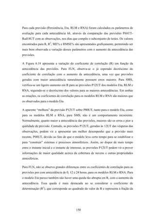 150
Para cada previsão (Persistência, Eta, RLM e RNA) foram calculados os parâmetros de
avaliação para cada antecedência hh, através da comparação das previsões PhhUT-
Rad18UT com as observações, nos dias que compõe o subconjunto de testes. Os valores
encontrados para R, R2
, ME% e RMSE% são apresentados graficamente, permitindo ser
mais bem observada a variação desses parâmetros com o aumento da antecedência das
previsões.
A Figura 6.18 apresenta a variação do coeficiente de correlação (R) em função da
antecedência das previsões. Para FLN, observa-se o já esperado decréscimo do
coeficiente de correlação com o aumento da antecedência, uma vez que previsões
geradas com maior antecedência naturalmente possuem erros maiores. Para SMS,
verifica-se um ligeiro aumento em R para as previsões P12UT dos modelos Eta, RLM e
RNA, seguindo-se o decréscimo dos valores para as maiores antecedências. Em ambas
as estações, os coeficientes de correlação para os modelos RLM e RNA são maiores que
os observados para o modelo Eta.
A aparente “melhora” da previsão P12UT sobre P00UT, tanto para o modelo Eta, como
para os modelos RLM e RNA, para SMS, não é um comportamento incoerente.
Normalmente, quanto maior a antecedência das previsões, maiores são os erros e pior a
qualidade de previsão. Contudo, as previsões P12UT, geradas às 12UT das vésperas das
observações, podem vir a apresentar um melhor desempenho que a previsão mais
recente, P00UT, devido ao fato de que o modelo leva certo tempo para se estabilizar e
para “construir” sistemas e processos atmosféricos. Assim, ao dispor de mais tempo
entre o instante inicial e o instante de interesse, as previsões P12UT podem vir a prover
informações de maior qualidade acerca da cobertura de nuvens e outras propriedades
atmosféricas.
Para FLN, não se observa grandes diferenças entre os coeficientes de correlação para as
previsões por com antecedência de 0, 12 e 24 horas, para os modelos RLM e RNA. Para
o modelo Eta parece também não haver uma queda tão abrupta em R, com o aumento da
antecedência. Essa queda é mais destacada ao se considerar o coeficiente de
determinação (R2
), que corresponde ao quadrado do valor de R e representa à fração da
 