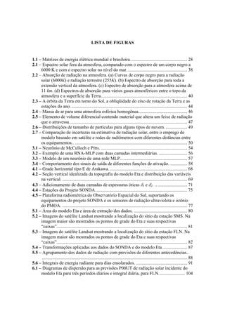 LISTA DE FIGURAS
1.1 – Matrizes de energia elétrica mundial e brasileira.................................................. 28
2.1 – Espectro solar fora da atmosfera, comparado com o espectro de um corpo negro a
6000 K e com o espectro solar no nível do mar. .................................................... 38
2.2 – Absorção de radiação na atmosfera. (a) Curvas de corpo negro para a radiação
solar (6000K) e radiação terrestre (255K). (b) Espectro de absorção para toda a
extensão vertical da atmosfera. (c) Espectro de absorção para a atmosfera acima de
11 km. (d) Espectros de absorção para vários gases atmosféricos entre o topo da
atmosfera e a superfície da Terra............................................................................ 40
2.3 – A órbita da Terra em torno do Sol, a obliqüidade do eixo de rotação da Terra e as
estações do ano....................................................................................................... 44
2.4 – Massa de ar para uma atmosfera esférica homogênea........................................... 46
2.5 – Elemento de volume diferencial contendo material que altera um feixe de radiação
que o atravessa........................................................................................................ 47
2.6 – Distribuições de tamanho de partículas para alguns tipos de nuvem. ................... 49
2.7 – Comparação de incertezas na estimativa de radiação solar, entre o emprego de
modelo baseado em satélite e redes de radiômetros com diferentes distâncias entre
os equipamentos.. ................................................................................................... 50
3.1 – Neurônio de McCulloch e Pitts. ............................................................................ 54
3.2 – Exemplo de uma RNA-MLP com duas camadas intermediárias. ......................... 56
3.3 – Modelo de um neurônio de uma rede MLP........................................................... 57
3.4 – Comportamento dos sinais de saída de diferentes funções de ativação. ............... 58
4.1 – Grade horizontal tipo E de Arakawa. .................................................................... 68
4.2 – Seção vertical idealizada da topografia do modelo Eta e distribuição das variáveis
na vertical. .............................................................................................................. 69
4.3 – Adicionamento de duas camadas de espessuras óticas δ1 e δ2. .. .......................... 71
4.4 – Estações do Projeto SONDA................................................................................. 75
4.5 – Plataforma radiométrica do Observatório Espacial do Sul, suportando os
equipamentos do projeto SONDA e os sensores de radiação ultravioleta e ozônio
do PMOA. .............................................................................................................. 77
5.1 – Área do modelo Eta e área de extração dos dados. ............................................... 80
5.2 – Imagens do satélite Landsat mostrando a localização do sítio da estação SMS. Na
imagem maior são mostrados os pontos de grade do Eta e suas respectivas
“caixas”................................................................................................................... 81
5.3 – Imagens do satélite Landsat mostrando a localização do sítio da estação FLN. Na
imagem maior são mostrados os pontos de grade do Eta e suas respectivas
“caixas”................................................................................................................... 82
5.4 – Transformações aplicadas aos dados do SONDA e do modelo Eta...................... 87
5.5 – Agrupamento dos dados de radiação com previsões de diferentes antecedências..
................................................................................................................................ 88
5.6 – Integrais de energia radiante para dias ensolarados. ............................................. 91
6.1 – Diagramas de dispersão para as previsões P00UT de radiação solar incidente do
modelo Eta para três períodos diários e integral diária, para FLN....................... 104
 
