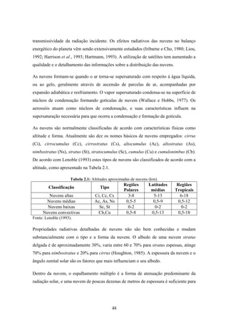 48
transmissividade da radiação incidente. Os efeitos radiativos das nuvens no balanço
energético do planeta vêm sendo extensivamente estudados (Iribarne e Cho, 1980; Liou,
1992; Harrison et al., 1993; Hartmann, 1993). A utilização de satélites tem aumentado a
qualidade e o detalhamento das informações sobre a distribuição das nuvens.
As nuvens formam-se quando o ar torna-se supersaturado com respeito à água líquida,
ou ao gelo, geralmente através de ascensão de parcelas de ar, acompanhadas por
expansão adiabática e resfriamento. O vapor supersaturado condensa-se na superfície de
núcleos de condensação formando gotículas de nuvem (Wallace e Hobbs, 1977). Os
aerossóis atuam como núcleos de condensação, e suas características influem na
supersaturação necessária para que ocorra a condensação e formação da gotícula.
As nuvens são normalmente classificadas de acordo com características físicas como
altitude e forma. Atualmente são dez os nomes básicos de nuvens empregados: cirrus
(Ci), cirrocumulus (Cc), cirrostratus (Cs), altocumulus (Ac), altostratus (As),
nimbostratus (Ns), stratus (St), stratocumulus (Sc), cumulus (Cu) e cumulonimbus (Cb).
De acordo com Lenoble (1993) estes tipos de nuvens são classificados de acordo com a
altitude, como apresentado na Tabela 2.1.
Tabela 2.1: Altitudes aproximadas de nuvens (km).
Classificação Tipo
Regiões
Polares
Latitudes
médias
Regiões
Tropicais
Nuvens altas Ci, Cc, Cs 3-8 5-13 6-18
Nuvens médias Ac, As, Ns 0,5-5 0,5-9 0,5-12
Nuvens baixas Sc, St 0-2 0-2 0-2
Nuvens convectivas Cb,Cu 0,5-8 0,5-13 0,5-18
Fonte: Lenoble (1993).
Propriedades radiativas detalhadas de nuvens não são bem conhecidas e mudam
substancialmente com o tipo e a forma da nuvem. O albedo de uma nuvem stratus
delgada é de aproximadamente 30%, varia entre 60 e 70% para stratus espessas, atinge
70% para nimbostratus e 20% para cirrus (Houghton, 1985). A espessura da nuvem e o
ângulo zenital solar são os fatores que mais influenciam o seu albedo.
Dentro da nuvem, o espalhamento múltiplo é a forma de atenuação predominante da
radiação solar, e uma nuvem de poucas dezenas de metros de espessura é suficiente para
 