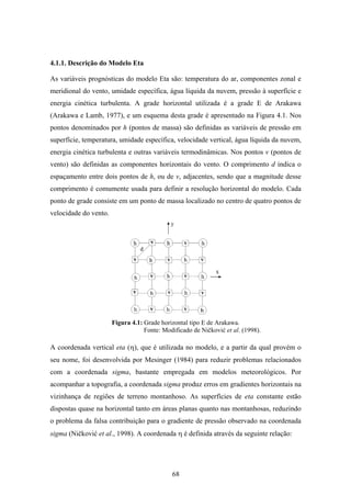 68
4.1.1. Descrição do Modelo Eta
As variáveis prognósticas do modelo Eta são: temperatura do ar, componentes zonal e
meridional do vento, umidade específica, água líquida da nuvem, pressão à superfície e
energia cinética turbulenta. A grade horizontal utilizada é a grade E de Arakawa
(Arakawa e Lamb, 1977), e um esquema desta grade é apresentado na Figura 4.1. Nos
pontos denominados por h (pontos de massa) são definidas as variáveis de pressão em
superfície, temperatura, umidade específica, velocidade vertical, água líquida da nuvem,
energia cinética turbulenta e outras variáveis termodinâmicas. Nos pontos v (pontos de
vento) são definidas as componentes horizontais do vento. O comprimento d indica o
espaçamento entre dois pontos de h, ou de v, adjacentes, sendo que a magnitude desse
comprimento é comumente usada para definir a resolução horizontal do modelo. Cada
ponto de grade consiste em um ponto de massa localizado no centro de quatro pontos de
velocidade do vento.
Figura 4.1: Grade horizontal tipo E de Arakawa.
Fonte: Modificado de Ničković et al. (1998).
A coordenada vertical eta (η), que é utilizada no modelo, e a partir da qual provém o
seu nome, foi desenvolvida por Mesinger (1984) para reduzir problemas relacionados
com a coordenada sigma, bastante empregada em modelos meteorológicos. Por
acompanhar a topografia, a coordenada sigma produz erros em gradientes horizontais na
vizinhança de regiões de terreno montanhoso. As superfícies de eta constante estão
dispostas quase na horizontal tanto em áreas planas quanto nas montanhosas, reduzindo
o problema da falsa contribuição para o gradiente de pressão observado na coordenada
sigma (Ničković et al., 1998). A coordenada η é definida através da seguinte relação:
 
