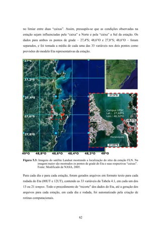 82
no limiar entre duas “caixas”. Assim, pressupôs-se que as condições observadas na
estação sejam influenciadas pela “caixa” a Norte e pela “caixa” a Sul da estação. Os
dados para ambos os pontos de grade – 27,4ºS; 48,6°O e 27,8°S; 48,6°O – foram
separados, e foi tomada a média de cada uma das 33 variáveis nos dois pontos como
previsões do modelo Eta representativas da estação.
Figura 5.3: Imagens do satélite Landsat mostrando a localização do sítio da estação FLN. Na
imagem maior são mostrados os pontos de grade do Eta e suas respectivas “caixas”.
Fonte: Modificado de NASA, 2005.
Para cada dia e para cada estação, foram gerados arquivos em formato texto para cada
rodada do Eta (00UT e 12UT), contendo as 33 variáveis da Tabela 4.1, em cada um dos
13 ou 21 tempos. Todo o procedimento de “recorte” dos dados do Eta, até a geração dos
arquivos para cada estação, em cada dia e rodada, foi automatizado pela criação de
rotinas computacionais.
48ºO
27ºS
27,2ºS
27,4ºS
27,6ºS
27,8ºS
48,2ºO48,4ºO48,6ºO48,8ºO49ºO
48,65ºO 48,5ºO
27,65ºS
27,5ºS
Campus UFSC
Lat.: 27,60ºS
Lon.: 48,52ºO
Florianópolis
 