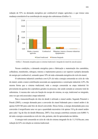 101

redução de 93% na demanda energética por combustível (etapas agrícolas), o que trouxe uma
             %                                               agrícolas)
mudança considerável na contribuição de energia dos subsistemas (
                                                                (Gráfico 1).
                                                                          ).

                      25,00


                      20,00


                      15,00
          GJ/ha.ano




                      10,00


                       5,00


                       0,00
                              Mudas e insumos     Combustível     Máquinas, tratores e Insumos industriais
                                 agrícolas                          equipamentos

                                         Etanol tradicional     Sistema Integrado

        Gráfico 1. Demanda energética para os sistemas tradicional e integrado de etanol de cana
                 .                                                                          cana-de-açúcar.



       Nessas condições, a demanda energética para a fabricação e manutenção dos caminhões,
                                                                   anutenção
colhedoras, transbordos, reboques, tratores e implementos passou a ser superior à própria demanda
de energia por combustível, somando quase 10% de toda a demanda energética do ciclo do etanol.
                                            %
       O subsistema industrial contribuiu co 6,2% de toda a energia consumida no ciclo de vida
                                          com
do etanol, sendo a maior contribuição associada aos equipamentos e construção industrial, 4,9%. Da
mesma forma que o sistema tradicional, toda a energia consumida na etapa industrial foi
proveniente da queima dos coprodutos gerados no processo, não sendo somada ao consumo total do
                 eima
subsistema. A mesma não varia em função do escopo do sistema, ou seja, tradicional ou integrado,
uma vez que está associada à etapa industrial.
       Para a transesterificação do óleo de dendê é utilizado o etanol anidro. Segundo Pimentel e
Patzek (2005), a energia demanda para a conversão do etanol hidratado para o etanol anidro é de
apenas 0,038 MJ para cada litro de álcool convertido. Dessa forma, a energia demandada para essa
conversão é insignificante uma vez que a quantidade necessária é de apenas 310 g de etanol anidro
para cada 1 kg de óleo de dendê (Maturana, 2007). Essa energia contribuiu somente com 0,0001 %
de toda a energia consumida no ciclo de vida, portanto, não foi apresentada nas tabelas.
       A energia total consumida no ciclo d vida do sistema integrado foi de 11,5 GJ/ha.ano, uma
                                          de                                 11
redução de 62% em relação ao sistema tradicional.
             %
 