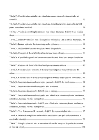 Tabela 19. Considerações adotadas para cálculo de energia e emissões incorporadas ao
caminhão. ................................................................................................................................. 72

Tabela 20. Considerações adotadas para cálculo da demanda energética e emissões de GEE
para a indústria de biodiesel ..................................................................................................... 75

Tabela 21. Valores e considerações adotados para cálculo de energia disponível nas cascas e
fibras......................................................................................................................................... 77

Tabela 22. Parâmetro adotados para a alocação das emissões de GEE e entrada de energia .. 84

Tabela 23.Taxa de aplicação dos insumos agrícolas e vinhaça. .............................................. 90

Tabela 24. Produtividade da cana-de-açúcar, etanol e coprodutos. ......................................... 90

Tabela 25. Consumo de diesel e biodiesel na etapa de tratos culturais. .................................. 91

Tabela 26. Capacidade operacional e consumo específicos de diesel para a etapa de colheita.
.................................................................................................................................................. 92

Tabela 27. Consumo de diesel e biodiesel total para a etapa de colheita. ............................... 92

Tabela 28. Considerações e consumo de diesel e biodiesel para o transporte da cana-de-
açúcar. ...................................................................................................................................... 93

Tabela 29. Consumo total de diesel e biodiesel para a etapa de disposição dos coprodutos ... 93

Tabela 30. Inventário da demanda energética e emissões de GEE dos implementos. ............. 94

Tabela 31. Inventário da demanda energética para os tratores ................................................ 95

Tabela 32. Inventário das emissões de GEE para os tratores................................................... 95

Tabela 33. Inventário da demanda energética para a fabricação e manutenção dos transbordos,
colhedoras, Romeu e Julieta e carregadoras. ........................................................................... 96

Tabela 34. Inventário das emissões de GEE para a fabricação e manutenção dos transbordos,
colhedoras, Romeu e Julieta e carregadoras. ........................................................................... 97

Tabela 35. Taxa de consumo, IE e emissões de GEE dos insumos industriais. ...................... 97

Tabela 36. Demanda energética e inventário de emissões de GEE para os equipamentos e
construção industrial. ............................................................................................................... 98

Tabela 37. Energia de entrada para os sistemas tradicional e integrado de produção de etanol
de cana-de-açúcar. .................................................................................................................. 102
 