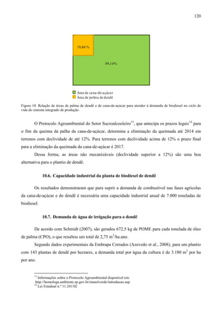 120




                                   10,86 %



                                                      89,14%




                                   Área de cana-de-açúcar
                                   Área de palma de dendê

Figura 10. Relação de áreas de palma de dendê e de cana-de-açúcar para atender à demanda de biodiesel no ciclo de
vida do sistema integrado de produção.


        O Protocolo Agroambiental do Setor Sucroalcooleiro13, que antecipa os prazos legais14 para
o fim da queima da palha da cana-de-açúcar, determina a eliminação da queimada até 2014 em
terrenos com declividade de até 12%. Para terrenos com declividade acima de 12% o prazo final
para a eliminação da queimada da cana-de-açúcar é 2017.
        Dessa forma, as áreas não mecanizáveis (declividade superior a 12%) são uma boa
alternativa para o plantio de dendê.


             10.6. Capacidade industrial da planta de biodiesel de dendê

        Os resultados demonstraram que para suprir a demanda de combustível nas fases agrícolas
da cana-de-açúcar e do dendê é necessária uma capacidade industrial anual de 7.000 toneladas de
biodiesel.


             10.7. Demanda de água de irrigação para o dendê

        De acordo com Schmidt (2007), são gerados 672,5 kg de POME para cada tonelada de óleo
de palma (CPO), o que resultou um total de 2,75 m3/ha.ano.
        Segundo dados experimentais da Embrapa Cerrados (Azevedo et al., 2008), para um plantio
com 143 plantas de dendê por hectares, a demanda total por água da cultura é de 3.180 m3 por ha
por ano.


        13
           Informações sobre o Protocolo Agroambiental disponível em:
         http://homologa.ambiente.sp.gov.br/etanolverde/introducao.asp
        14
           Lei Estadual n.º 11.241/02
 