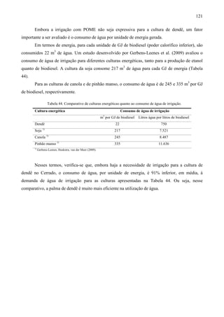 121

       Embora a irrigação com POME não seja expressiva para a cultura de dendê, um fator
importante a ser avaliado é o consumo de água por unidade de energia gerada.
       Em termos de energia, para cada unidade de GJ de biodiesel (poder calorífico inferior), são
consumidos 22 m3 de água. Um estudo desenvolvido por Gerbens-Leenes et al. (2009) avaliou o
consumo de água de irrigação para diferentes culturas energéticas, tanto para a produção de etanol
quanto de biodiesel. A cultura da soja consome 217 m3 de água para cada GJ de energia (Tabela
44).
       Para as culturas de canola e de pinhão manso, o consumo de água é de 245 e 335 m3 por GJ
de biodiesel, respectivamente.

                     Tabela 44. Comparativo de culturas energéticas quanto ao consumo de água de irrigação.
       Cultura energética                                                  Consumo de água de irrigação
                                                              3
                                                             m por GJ de biodiesel   Litros água por litros de biodiesel
       Dendê                                                          22                            750
                1)
       Soja                                                          217                           7.521
                     1)
       Canola                                                        245                           8.487
       Pinhão manso 1)                                               335                          11.636
       1)
            Gerbens-Leenes, Hoekstra, van der Meer (2009).




       Nesses termos, verifica-se que, embora haja a necessidade de irrigação para a cultura de
dendê no Cerrado, o consumo de água, por unidade de energia, é 91% inferior, em média, à
demanda de água de irrigação para as culturas apresentadas na Tabela 44. Ou seja, nesse
comparativo, a palma de dendê é muito mais eficiente na utilização de água.
 