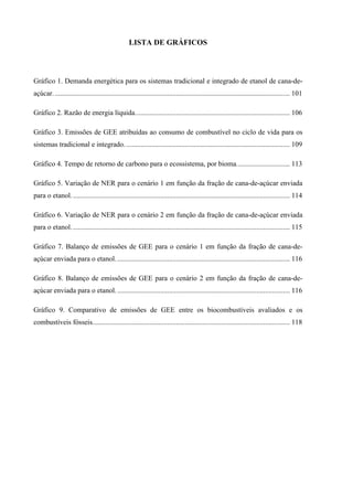 LISTA DE GRÁFICOS



Gráfico 1. Demanda energética para os sistemas tradicional e integrado de etanol de cana-de-
açúcar. .................................................................................................................................... 101

Gráfico 2. Razão de energia líquida. ...................................................................................... 106

Gráfico 3. Emissões de GEE atribuídas ao consumo de combustível no ciclo de vida para os
sistemas tradicional e integrado. ............................................................................................ 109

Gráfico 4. Tempo de retorno de carbono para o ecossistema, por bioma. ............................. 113

Gráfico 5. Variação de NER para o cenário 1 em função da fração de cana-de-açúcar enviada
para o etanol. .......................................................................................................................... 114

Gráfico 6. Variação de NER para o cenário 2 em função da fração de cana-de-açúcar enviada
para o etanol. .......................................................................................................................... 115

Gráfico 7. Balanço de emissões de GEE para o cenário 1 em função da fração de cana-de-
açúcar enviada para o etanol. ................................................................................................. 116

Gráfico 8. Balanço de emissões de GEE para o cenário 2 em função da fração de cana-de-
açúcar enviada para o etanol. ................................................................................................. 116

Gráfico 9. Comparativo de emissões de GEE entre os biocombustíveis avaliados e os
combustíveis fósseis............................................................................................................... 118
 