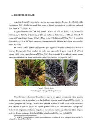 32



    6. BIODIESEL DE DENDÊ


        A palma de dendê é uma cultura perene que pode alcançar 26 anos de vida útil média
(Agropalma, 2009). O óleo de dendê, bem como os demais coprodutos, é extraído dos cachos de
fruto fresco (CFF) (Figura 3).
        No processamento dos CFF são gerados 20-21% de óleo de palma, 1,7% de óleo de
palmiste, 3,5% de torta de palmiste, 22-23% de cachos de fruto vazio, 12-15% de fibras, 5-7%
cascas e 50% de efluente líquido (POME) (Ngan et al., 1993; Embrapa/MAPA, 2000). O somatório
da massa é superior a 100% pois, durante o processo industrial, há inserção de água, aumentando a
massa de POME.
        Os cachos e fibras podem ser queimados para a geração de vapor e eletricidade através de
sistemas de cogeração. Cada tonelada de cacho tem capacidade de gerar cerca de 30 kWh de
energia e 600 kg de vapor (Embrapa/MAPA, 2000). Esse potencial de geração de energia torna a
produção de biodiesel de dendê auto-sustentável energeticamente (Agropalma, 2009).




                                            Figura 3. Palma de dendê.
                                 Fonte: fotografia cedida pela Embrapa Cerrados.


        O melhor desenvolvimento do dendezeiro ocorre em regiões tropicais, de clima quente e
úmido, com precipitação elevada e bem distribuída ao longo do ano (Embrapa/MAPA, 2000). No
entanto, pesquisas da Embrapa Cerrados têm apontado a palma de dendê como opção promissora
para o bioma de Cerrado devido sua elevada produtividade e sua característica de ciclo perene6.
Todavia, em função da distribuição irregular de chuvas nessa região, seu cultivo carece de irrigação
na época de seca para que a deficiência hídrica seja eliminada (Azevedo et al., 2008).
        6
          A região de Cerrado Brasileiro possui, aproximadamente, 54 milhões de ha em pastagem, de um total de 205
milhões de ha (Brasil/MMA, 2007).
 