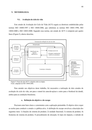 44

   9. METODOLOGIA


              9.1.    Avaliação do ciclo de vida

        Este estudo de Avaliação do Ciclo de Vida (ACV) seguiu as diretrizes estabelecidas pelas
normas ISO 14040:1997 e ISO 14044:2006, que substituiu as normas ISO 14041:1998; ISO
14042:2000 e ISO 14043:2000. Segundo essa norma, um estudo de ACV é composto por quatro
fases (Figura 5), abaixo descritas.


                                          Estrutura da avaliação do ciclo de vida

                                      Interpretação
        Definição
       do objetivo
        e escopo
                                                                      Avaliação através de:
                                 Identificação dos
                                      aspectos
                                                                      -Checagem complementar;
                                   significativos
                                                                      - Análise de consistência


       Análise de
       inventário
                                                                                                  Aplicações
                                                                                                  pretendidas:
                                                                                                  ∗Desenvolvimento e
                                                                                                  melhoria do
                                                                                                  biocombustível em
                                                     Conclusões e limitações                      estudo
       Avaliação                                                                                  ∗Planejamento
       de impacto                                                                                 estratégico
                                                                                                  ∗Elaboração de
                                                                                                  políticas públicas




   Figura 5. Fases de uma ACV e relações entre as etapas.
   Fonte: adaptado de ISO 14044:2006.


        Para atender aos objetivos deste trabalho, foi necessária a realização de dois estudos de
avaliação do ciclo de vida, um para o etanol de cana-de-açúcar e outro para o biodiesel de dendê,
ambos para as condições brasileiras.


                     a. Definição do objetivo e do escopo

        Precisam estar bem claros e consistentes com a aplicação pretendida. O objetivo deve expor
as razões para conduzir o estudo e o público-alvo. A definição do escopo envolveu a descrição dos
seguintes itens: 1) funções do sistema de produto; 2) unidade funcional; 3) sistema de produto; 4)
fronteiras do sistema de produto; 5) procedimento de alocação; 6) tipos de impacto, o método de
 