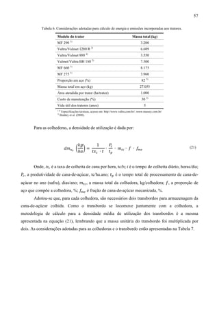 57

           Tabela 6. Considerações adotadas para cálculo de energia e emissões incorporadas aos tratores.

                     Modelo do trator                                               Massa total (kg)
                                  1)
                     MF 290                                                                3.200
                                                   2)
                     Valtra/Valmet 1280 R                                                  6.609
                     Valtra/Valmet 880 2)                                                  3.550
                                                   2)
                     Valmet/Valtra BH 180                                                  7.500
                                  1)
                     MF 660                                                                8.175
                                  1)
                     MF 275                                                                3.960
                     Proporção em aço (%)                                                  82 3)
                     Massa total em aço (kg)                                              27.055
                     Área atendida por trator (ha/trator)                                  1.000
                     Custo de manutenção (%)                                               30 3)
                     Vida útil dos tratores (anos)                                           5
                     1;2)
                           Especificações técnicas, acesso em: http://www.valtra.com.br/; www.massey.com.br/
                     3)
                          Boddey et al. (2008).



       Para as colhedoras, a densidade de utilização é dada por:


                                   ݇݃     1      ܲ
                             ݀݉௨೎ ൬ ൰ =        ∙    ∙ ݉௧௖ ∙ ݂ ∙ ݂
                                                  ௖
                                   ℎܽ   ‫ݔݐ‬௖ ∙ ‫ݐ ݐ‬௣               ௠௘
                                                                                                               (21)




       Onde, txc é a taxa de colheita de cana por hora, tc/h; t é o tempo de colheita diário, horas/dia;
ܲ , a produtividade de cana-de-açúcar, tc/ha.ano; ‫ݐ‬௣ é o tempo total de processamento de cana-de-
 ௖

açúcar no ano (safra), dias/ano; ݉௧௖ , a massa total da colhedora, kg/colhedora; ݂, a proporção de
aço que compõe a colhedora, %; ݂ é fração de cana-de-açúcar mecanizada, %.
                                ௠௘

       Adotou-se que, para cada colhedora, são necessários dois transbordos para armazenagem da
cana-de-açúcar colhida. Como o transbordo se locomove juntamente com a colhedora, a
metodologia de cálculo para a densidade média de utilização dos transbordos é a mesma
apresentada na equação (21), lembrando que a massa unitária do transbordo foi multiplicada por
dois. As considerações adotadas para as colhedoras e o transbordo estão apresentadas na Tabela 7.
 