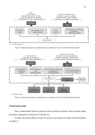 67

                                 Mudas
                            Insumos agrícolas                                          Produção e combustão do diesel
                   Fabricação do aço para os caminhões                               Fabricação do aço para os caminhões
                  Produção e manutenção dos caminhões                               Produção e manutenção dos caminhões
              Transporte dos CFF, CFV e coprodutos (diesel)                       Emissões de uso e produção dos fertilizantes


                               ENERGIA
                                                                                                     CO2e

                                                                                                       B.IV. Fabricação e manutenção
          B.I. Mudas e              B.II. Produção e uso de                    B.III.
                                                                                                               de máquinas e
           sementes                    insumos agrícolas                     Transporte
                                                                                                           implementos agrícolas




                                                          Palma de dendê


     Borda do sistema

       Figura 8. Subsistemas agrícolas considerados para a avaliação do ciclo de vida do biodiesel de dendê.



                                                                                           Queima das cascas e fibras
                           Insumos industriais                                      Fabricação do aço para os equipamentos
                      Manutenção dos equipamentos                                  Produção e manutenção dos equipamentos
                 Fabricação do aço para os equipamentos                           Emissões de produção dos insumos industriais


                               ENERGIA
                                                                                                     CO2e

           B.V. Transporte e       B.VI. Fabricação e          B.VII. Fabricação e manutenção
                                                                                                      B.VIII. Geração de energia
            disposição de                uso de                       de equipamentos e
                                                                                                       a partir dos coprodutos
              coprodutos           Insumos industriais              construção industrial



                                                              Processamento dos                  BIODIESEL DE
                                                                                                                                 B.IX Uso
                                                                     CFF                            DENDÊ




                                                                 ÓLEO DE                    TORTA DE
                                   GLICERINA
                                                                PALMISTE                    PALMISTE

     Borda do sistema

       Figura 9. Subsistemas industriais considerados para a avaliação do ciclo de vida do biodiesel de dendê.




Produtividade média

       Para a produtividade média de cachos de fruto de dendê por hectare, foram coletados dados
da empresa Agropalma, localizada em Tailândia, PA.
       Os dados de produtividade ao longo do ciclo de vida da palma de dendê estão apresentados
na Tabela 17.
 