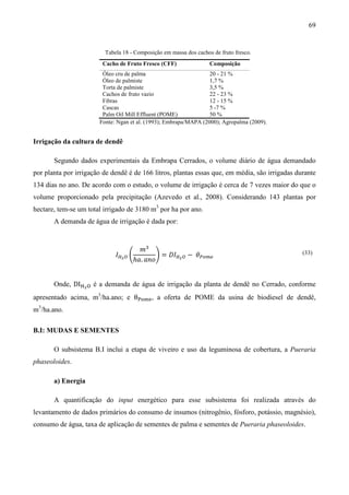 69


                         Tabela 18 - Composição em massa dos cachos de fruto fresco.
                        Cacho de Fruto Fresco (CFF)                Composição
                        Óleo cru de palma                         20 - 21 %
                        Óleo de palmiste                          1,7 %
                        Torta de palmiste                         3,5 %
                        Cachos de fruto vazio                     22 - 23 %
                        Fibras                                    12 - 15 %
                        Cascas                                    5 -7 %
                        Palm Oil Mill Effluent (POME)             50 %
                       Fonte: Ngan et al. (1993); Embrapa/MAPA (2000); Agropalma (2009).


Irrigação da cultura de dendê

       Segundo dados experimentais da Embrapa Cerrados, o volume diário de água demandado
por planta por irrigação de dendê é de 166 litros, plantas essas que, em média, são irrigadas durante
134 dias no ano. De acordo com o estudo, o volume de irrigação é cerca de 7 vezes maior do que o
volume proporcionado pela precipitação (Azevedo et al., 2008). Considerando 143 plantas por
hectare, tem-se um total irrigado de 3180 m3 por ha por ano.
       A demanda de água de irrigação é dada por:


                                      ݉ଷ
                             ‫ܫ‬ுమ ை ቆ        ቇ = ‫ܫܦ‬ுమ ை − ߠ௉௢௠௘
                                    ℎܽ. ܽ݊‫݋‬
                                                                                                (33)




       Onde, DIୌమ ୓ é a demanda de água de irrigação da planta de dendê no Cerrado, conforme
apresentado acima, m3/ha.ano; e θ୔୭୫ୣ, a oferta de POME da usina de biodiesel de dendê,
m3/ha.ano.

B.I: MUDAS E SEMENTES

       O subsistema B.I inclui a etapa de viveiro e uso da leguminosa de cobertura, a Pueraria
phaseoloides.

       a) Energia

       A quantificação do input energético para esse subsistema foi realizada através do
levantamento de dados primários do consumo de insumos (nitrogênio, fósforo, potássio, magnésio),
consumo de água, taxa de aplicação de sementes de palma e sementes de Pueraria phaseoloides.
 