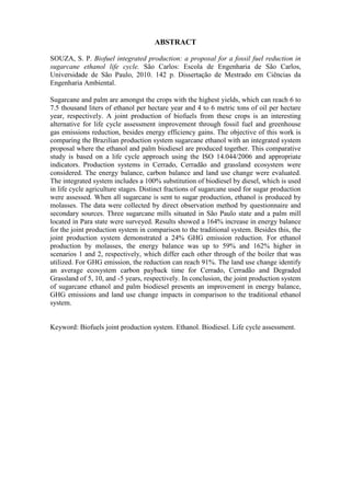 ABSTRACT

SOUZA, S. P. Biofuel integrated production: a proposal for a fossil fuel reduction in
sugarcane ethanol life cycle. São Carlos: Escola de Engenharia de São Carlos,
Universidade de São Paulo, 2010. 142 p. Dissertação de Mestrado em Ciências da
Engenharia Ambiental.

Sugarcane and palm are amongst the crops with the highest yields, which can reach 6 to
7.5 thousand liters of ethanol per hectare year and 4 to 6 metric tons of oil per hectare
year, respectively. A joint production of biofuels from these crops is an interesting
alternative for life cycle assessment improvement through fossil fuel and greenhouse
gas emissions reduction, besides energy efficiency gains. The objective of this work is
comparing the Brazilian production system sugarcane ethanol with an integrated system
proposal where the ethanol and palm biodiesel are produced together. This comparative
study is based on a life cycle approach using the ISO 14.044/2006 and appropriate
indicators. Production systems in Cerrado, Cerradão and grassland ecosystem were
considered. The energy balance, carbon balance and land use change were evaluated.
The integrated system includes a 100% substitution of biodiesel by diesel, which is used
in life cycle agriculture stages. Distinct fractions of sugarcane used for sugar production
were assessed. When all sugarcane is sent to sugar production, ethanol is produced by
molasses. The data were collected by direct observation method by questionnaire and
secondary sources. Three sugarcane mills situated in São Paulo state and a palm mill
located in Para state were surveyed. Results showed a 164% increase in energy balance
for the joint production system in comparison to the traditional system. Besides this, the
joint production system demonstrated a 24% GHG emission reduction. For ethanol
production by molasses, the energy balance was up to 59% and 162% higher in
scenarios 1 and 2, respectively, which differ each other through of the boiler that was
utilized. For GHG emission, the reduction can reach 91%. The land use change identify
an average ecosystem carbon payback time for Cerrado, Cerradão and Degraded
Grassland of 5, 10, and -5 years, respectively. In conclusion, the joint production system
of sugarcane ethanol and palm biodiesel presents an improvement in energy balance,
GHG emissions and land use change impacts in comparison to the traditional ethanol
system.


Keyword: Biofuels joint production system. Ethanol. Biodiesel. Life cycle assessment.
 