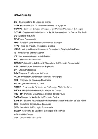 10



LISTA DE SIGLAS


CEI - Coordenadoria de Ensino do Interior
CENP - Coordenadoria de Estudos e Normas Pedagógicas
CEPPPE - Centro de Estudos e Pesquisas em Políticas Públicas de Educação
COGSP - Coordenadoria de Ensino da Região Metropolitana da Grande São Paulo
DE - Diretoria de Ensino
EF - Ensino Fundamental
FDE - Fundação para o Desenvolvimento da Educação
HTPC - Hora de Trabalho Pedagógico Coletivo
IDESP - Índice de Desenvolvimento da Educação do Estado de São Paulo
IE - Instituição de Ensino Superior
IPE - Isto se Aprende com o Ciclo Básico
MEC - Ministério da Educação
MEC/SEF - Ministério da Educação/ Secretaria de Educação Fundamental
NEE - Necessidades Educacionais Especiais
OP - Oficina Pedagógica
PC - Professor Coordenador de Escola
PCOP - Professor Coordenador da Oficina Pedagógica
PEC - Programa de Educação Continuada
PIC - Programa Intensivo no Ciclo
PROFA - Programa de Formação de Professores Alfabetizadores
PROFIC - Programa de Formação Integral da Criança
PUC - SP - Pontifícia Universidade Católica de São Paulo
SAEB - Sistema de Avaliação da Educação Básica
SARESP - Sistema de Avaliação do Rendimento Escolar do Estado de São Paulo
SEE - Secretaria de Estado de Educação
SEF - Secretaria de Educação Fundamental
SEESP - Secretaria de Estado de Educação de São Paulo
UE - Unidade Escolar
USP - Universidade São Paulo
 