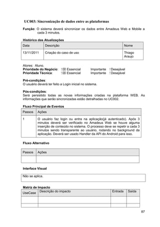 UC003: Sincronização de dados entre as plataformas
Função: O sistema deverá sincronizar os dados entre Amadeus Web e Mobile a
        cada 3 minutos.

Histórico das Atualizações
Data             Descrição                                               Nome

13/11/2011       Criação do caso de uso                                  Thiago
                                                                         Araujo

Atores: Aluno.
Prioridade do Negócio:       ⁪  Essencial       Importante   ⁪ Desejável
Prioridade Técnica:           ⁪  Essencial      Importante    ⁪ Desejável

Pré-condições:
O usuário deverá ter feito a Login inicial no sistema.

Pós-condições:
Será persistido todas as novas informações criadas na plataforma WEB. As
informações que serão sincronizadas estão detralhadas no UC002.

Fluxo Principal de Eventos
Passos    Ações

1         O usuário faz login ou entra na aplicação(já autenticado). Após 3
          minutos deverá ser verificado no Amadeus Web se houve alguma
          inserção de conteúdo no sistema. O processo deve se repetir a cada 3
          minutos sendo transparente ao usuário, rodando no background da
          aplicação. Deverá ser usado Handler da API do Android para isso.

Fluxo Alternativo

Passos    Ações




Interface Visual

Não se aplica.


Matriz de Impacto
UseCase Descrição do impacto                                   Entrada       Saída




                                                                                     87
 