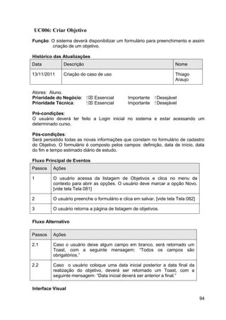 UC006: Criar Objetivo
Função: O sistema deverá disponibilizar um formulário para preenchimento e assim
        criação de um objetivo.

Histórico das Atualizações
Data          Descrição                                                Nome

13/11/2011    Criação do caso de uso                                   Thiago
                                                                       Araujo

Atores: Aluno.
Prioridade do Negócio:    ⁪  Essencial       Importante    ⁪ Desejável
Prioridade Técnica:        ⁪  Essencial      Importante     ⁪ Desejável

Pré-condições:
O usuário deverá ter feito a Login inicial no sistema e estar acessando um
determinado curso.

Pós-condições:
Será persistido todas as novas informações que constam no formulário de cadastro
do Objetivo. O formulário é composto pelos campos: definição, data de início, data
do fim e tempo estimado diário de estudo.

Fluxo Principal de Eventos
Passos   Ações

1        O usuário acessa da listagem de Objetivos e clica no menu de
         contexto para abrir as opções. O usuário deve marcar a opção Novo.
         [vide tela Tela 081]

2        O usuário preenche o formulário e clica em salvar. [vide tela Tela 082]

3        O usuário retorna a página de listagem de objetivos.

Fluxo Alternativo

Passos   Ações

2.1      Caso o usuário deixe algum campo em branco, será retornado um
         Toast, com a seguinte mensagem: “Todos os campos são
         obrigatórios.”

2.2      Caso o usuário coloque uma data inicial posterior a data final da
         realização do objetivo, deverá ser retornado um Toast, com a
         seguinte mensagem: “Data inicial deverá ser anterior a final.”

Interface Visual

                                                                                   94
 