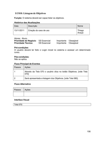 UC010: Listagem de Objetivos
Função: O sistema deverá ser capaz listar os objetivos.

Histórico das Atualizações
Data            Descrição                                               Nome

13/11/2011      Criação do caso de uso                                  Thiago
                                                                        Araujo

Atores: Aluno.
Prioridade do Negócio:      ⁪  Essencial       Importante   ⁪ Desejável
Prioridade Técnica:          ⁪  Essencial      Importante    ⁪ Desejável

Pré-condições:
O usuário deverá ter feito o Login inicial no sistema e acessar um determinado
curso.

Pós-condições:
Não se aplica.

Fluxo Principal de Eventos
Passos       Ações

1            Através da Tela 070 o usuário clica no botão Objetivos. [vide Tela
             070]

2            Será apresentada a listagem dos Objetivos. [vide Tela 080].

Fluxo Alternativo

Passos       Ações




Interface Visual

Tela 070:




                                                                                 106
 