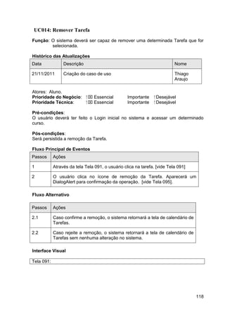 UC014: Remover Tarefa
Função: O sistema deverá ser capaz de remover uma determinada Tarefa que for
        selecionada.

Histórico das Atualizações
Data             Descrição                                                 Nome

21/11/2011       Criação do caso de uso                                    Thiago
                                                                           Araujo

Atores: Aluno.
Prioridade do Negócio:       ⁪  Essencial        Importante    ⁪ Desejável
Prioridade Técnica:           ⁪  Essencial       Importante     ⁪ Desejável

Pré-condições:
O usuário deverá ter feito o Login inicial no sistema e acessar um determinado
curso.

Pós-condições:
Será persistida a remoção da Tarefa.

Fluxo Principal de Eventos
Passos      Ações

1           Através da tela Tela 091, o usuário clica na tarefa. [vide Tela 091]

2           O usuário clica no ícone de remoção da Tarefa. Aparecerá um
            DialogAlert para confirmação da operação. [vide Tela 095].

Fluxo Alternativo

Passos      Ações

2.1         Caso confirme a remoção, o sistema retornará a tela de calendário de
            Tarefas.

2.2         Caso rejeite a remoção, o sistema retornará a tela de calendário de
            Tarefas sem nenhuma alteração no sistema.

Interface Visual

Tela 091:




                                                                                    118
 