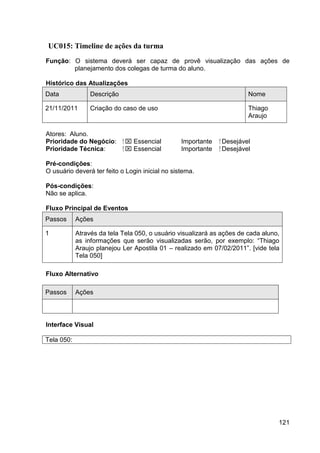 UC015: Timeline de ações da turma
Função: O sistema deverá ser capaz de provê visualização das ações de
        planejamento dos colegas de turma do aluno.

Histórico das Atualizações
Data             Descrição                                               Nome

21/11/2011       Criação do caso de uso                                  Thiago
                                                                         Araujo

Atores: Aluno.
Prioridade do Negócio:       ⁪  Essencial       Importante   ⁪ Desejável
Prioridade Técnica:           ⁪  Essencial      Importante    ⁪ Desejável

Pré-condições:
O usuário deverá ter feito o Login inicial no sistema.

Pós-condições:
Não se aplica.

Fluxo Principal de Eventos
Passos      Ações

1           Através da tela Tela 050, o usuário visualizará as ações de cada aluno,
            as informações que serão visualizadas serão, por exemplo: “Thiago
            Araujo planejou Ler Apostila 01 – realizado em 07/02/2011”. [vide tela
            Tela 050]

Fluxo Alternativo

Passos      Ações




Interface Visual

Tela 050:




                                                                                  121
 