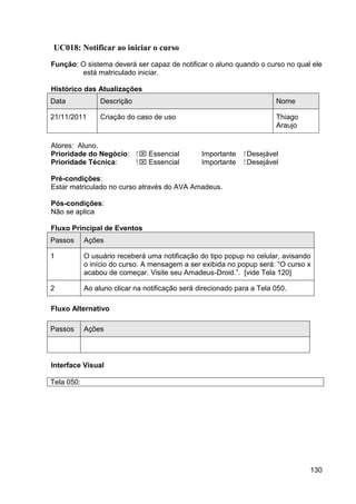 UC018: Notificar ao iniciar o curso
Função: O sistema deverá ser capaz de notificar o aluno quando o curso no qual ele
        está matriculado iniciar.

Histórico das Atualizações
Data             Descrição                                               Nome

21/11/2011       Criação do caso de uso                                  Thiago
                                                                         Araujo

Atores: Aluno.
Prioridade do Negócio:       ⁪  Essencial       Importante   ⁪ Desejável
Prioridade Técnica:           ⁪  Essencial      Importante    ⁪ Desejável

Pré-condições:
Estar matriculado no curso através do AVA Amadeus.

Pós-condições:
Não se aplica

Fluxo Principal de Eventos
Passos      Ações

1           O usuário receberá uma notificação do tipo popup no celular, avisando
            o início do curso. A mensagem a ser exibida no popup será: “O curso x
            acabou de começar. Visite seu Amadeus-Droid.”. [vide Tela 120]

2           Ao aluno clicar na notificação será direcionado para a Tela 050.

Fluxo Alternativo

Passos      Ações




Interface Visual

Tela 050:




                                                                                  130
 