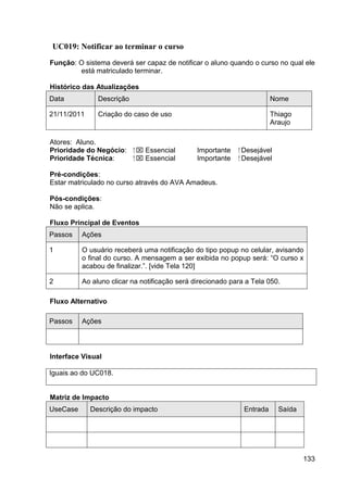 UC019: Notificar ao terminar o curso
Função: O sistema deverá ser capaz de notificar o aluno quando o curso no qual ele
        está matriculado terminar.

Histórico das Atualizações
Data           Descrição                                                Nome

21/11/2011     Criação do caso de uso                                   Thiago
                                                                        Araujo

Atores: Aluno.
Prioridade do Negócio:     ⁪  Essencial       Importante   ⁪ Desejável
Prioridade Técnica:         ⁪  Essencial      Importante    ⁪ Desejável

Pré-condições:
Estar matriculado no curso através do AVA Amadeus.

Pós-condições:
Não se aplica.

Fluxo Principal de Eventos
Passos    Ações

1         O usuário receberá uma notificação do tipo popup no celular, avisando
          o final do curso. A mensagem a ser exibida no popup será: “O curso x
          acabou de finalizar.”. [vide Tela 120]

2         Ao aluno clicar na notificação será direcionado para a Tela 050.

Fluxo Alternativo

Passos    Ações




Interface Visual

Iguais ao do UC018.


Matriz de Impacto
UseCase      Descrição do impacto                             Entrada      Saída




                                                                                   133
 