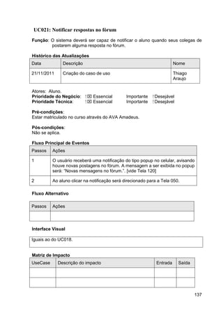 UC021: Notificar respostas no fórum
Função: O sistema deverá ser capaz de notificar o aluno quando seus colegas de
        postarem alguma resposta no fórum.

Histórico das Atualizações
Data           Descrição                                                Nome

21/11/2011     Criação do caso de uso                                   Thiago
                                                                        Araujo

Atores: Aluno.
Prioridade do Negócio:     ⁪  Essencial       Importante   ⁪ Desejável
Prioridade Técnica:         ⁪  Essencial      Importante    ⁪ Desejável

Pré-condições:
Estar matriculado no curso através do AVA Amadeus.

Pós-condições:
Não se aplica.

Fluxo Principal de Eventos
Passos    Ações

1         O usuário receberá uma notificação do tipo popup no celular, avisando
          houve novas postagens no fórum. A mensagem a ser exibida no popup
          será: “Novas mensagens no fórum.”. [vide Tela 120]

2         Ao aluno clicar na notificação será direcionado para a Tela 050.

Fluxo Alternativo

Passos    Ações




Interface Visual

Iguais ao do UC018.


Matriz de Impacto
UseCase      Descrição do impacto                             Entrada      Saída




                                                                                   137
 