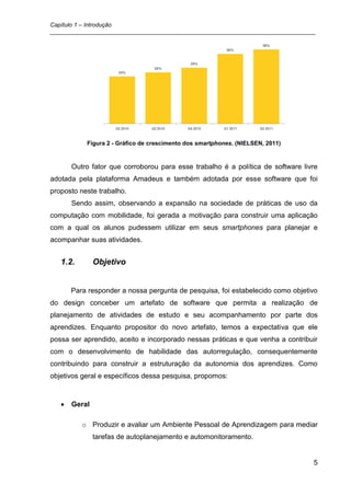 Capítulo 1 – Introdução
_________________________________________________________________________________




           Figura 2 - Gráfico de crescimento dos smartphones. (NIELSEN, 2011)



      Outro fator que corroborou para esse trabalho é a política de software livre
adotada pela plataforma Amadeus e também adotada por esse software que foi
proposto neste trabalho.
      Sendo assim, observando a expansão na sociedade de práticas de uso da
computação com mobilidade, foi gerada a motivação para construir uma aplicação
com a qual os alunos pudessem utilizar em seus smartphones para planejar e
acompanhar suas atividades.


   1.2.       Objetivo


      Para responder a nossa pergunta de pesquisa, foi estabelecido como objetivo
do design conceber um artefato de software que permita a realização de
planejamento de atividades de estudo e seu acompanhamento por parte dos
aprendizes. Enquanto propositor do novo artefato, temos a expectativa que ele
possa ser aprendido, aceito e incorporado nessas práticas e que venha a contribuir
com o desenvolvimento de habilidade das autorregulação, consequentemente
contribuindo para construir a estruturação da autonomia dos aprendizes. Como
objetivos geral e específicos dessa pesquisa, propomos:



      Geral

          o Produzir e avaliar um Ambiente Pessoal de Aprendizagem para mediar
              tarefas de autoplanejamento e automonitoramento.


                                                                                5
 