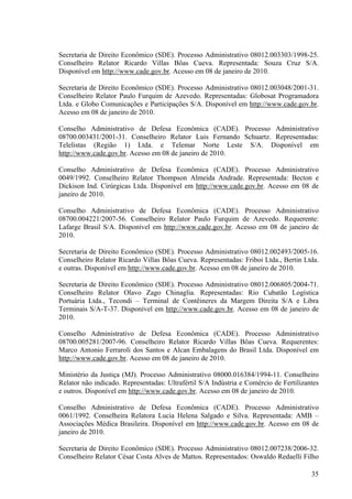 35
Secretaria de Direito Econômico (SDE). Processo Administrativo 08012.003303/1998-25.
Conselheiro Relator Ricardo Villas Bôas Cueva. Representada: Souza Cruz S/A.
Disponível em http://www.cade.gov.br. Acesso em 08 de janeiro de 2010.
Secretaria de Direito Econômico (SDE). Processo Administrativo 08012.003048/2001-31.
Conselheiro Relator Paulo Furquim de Azevedo. Representadas: Globosat Programadora
Ltda. e Globo Comunicações e Participações S/A. Disponível em http://www.cade.gov.br.
Acesso em 08 de janeiro de 2010.
Conselho Administrativo de Defesa Econômica (CADE). Processo Administrativo
08700.003431/2001-31. Conselheiro Relator Luis Fernando Schuartz. Representadas:
Telelistas (Região 1) Ltda. e Telemar Norte Leste S/A. Disponível em
http://www.cade.gov.br. Acesso em 08 de janeiro de 2010.
Conselho Administrativo de Defesa Econômica (CADE). Processo Administrativo
0049/1992. Conselheiro Relator Thompson Almeida Andrade. Representada: Becton e
Dickison Ind. Cirúrgicas Ltda. Disponível em http://www.cade.gov.br. Acesso em 08 de
janeiro de 2010.
Conselho Administrativo de Defesa Econômica (CADE). Processo Administrativo
08700.004221/2007-56. Conselheiro Relator Paulo Furquim de Azevedo. Requerente:
Lafarge Brasil S/A. Disponível em http://www.cade.gov.br. Acesso em 08 de janeiro de
2010.
Secretaria de Direito Econômico (SDE). Processo Administrativo 08012.002493/2005-16.
Conselheiro Relator Ricardo Villas Bôas Cueva. Representadas: Friboi Ltda., Bertin Ltda.
e outras. Disponível em http://www.cade.gov.br. Acesso em 08 de janeiro de 2010.
Secretaria de Direito Econômico (SDE). Processo Administrativo 08012.006805/2004-71.
Conselheiro Relator Olavo Zago Chinaglia. Representadas: Rio Cubatão Logística
Portuária Ltda., Tecondi – Terminal de Contêineres da Margem Direita S/A e Libra
Terminais S/A-T-37. Disponível em http://www.cade.gov.br. Acesso em 08 de janeiro de
2010.
Conselho Administrativo de Defesa Econômica (CADE). Processo Administrativo
08700.005281/2007-96. Conselheiro Relator Ricardo Villas Bôas Cueva. Requerentes:
Marco Antonio Ferraroli dos Santos e Alcan Embalagens do Brasil Ltda. Disponível em
http://www.cade.gov.br. Acesso em 08 de janeiro de 2010.
Ministério da Justiça (MJ). Processo Administrativo 08000.016384/1994-11. Conselheiro
Relator não indicado. Representadas: Ultrafértil S/A Indústria e Comércio de Fertilizantes
e outros. Disponível em http://www.cade.gov.br. Acesso em 08 de janeiro de 2010.
Conselho Administrativo de Defesa Econômica (CADE). Processo Administrativo
0061/1992. Conselheira Relatora Lucia Helena Salgado e Silva. Representada: AMB –
Associações Médica Brasileira. Disponível em http://www.cade.gov.br. Acesso em 08 de
janeiro de 2010.
Secretaria de Direito Econômico (SDE). Processo Administrativo 08012.007238/2006-32.
Conselheiro Relator César Costa Alves de Mattos. Representados: Oswaldo Redaelli Filho
 