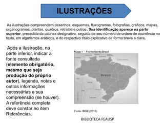 As ilustrações compreendem desenhos, esquemas, fluxogramas, fotografias, gráficos, mapas,
organogramas, plantas, quadros, retratos e outros. Sua identificação aparece na parte
superior, precedida da palavra designativa, seguida de seu número de ordem de ocorrência no
texto, em algarismos arábicos, e do respectivo título explicativo de forma breve e clara.
Após a ilustração, na
parte inferior, indicar a
fonte consultada
(elemento obrigatório,
mesmo que seja
produção do próprio
autor), legenda, notas e
outras informações
necessárias a sua
compreensão (se houver).
A referência completa
deve constar no item
Referências.
BIBLIOTECA FEAUSP
Mapa 1 – Fronteiras do Brasil
Fonte: IBGE (2016)
ILUSTRAÇÕES
 