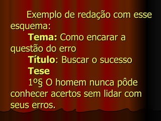 Exemplo de redação com esse
esquema:
    Tema: Como encarar a
questão do erro
    Título: Buscar o sucesso
    Tese
    1º§ O homem nunca pôde
conhecer acertos sem lidar com
seus erros.
 