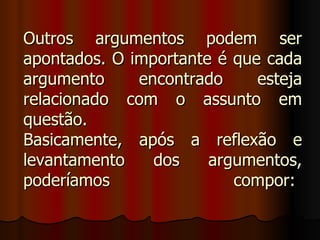 Outros argumentos podem ser
apontados. O importante é que cada
argumento     encontrado     esteja
relacionado com o assunto em
questão.
Basicamente, após a reflexão e
levantamento    dos    argumentos,
poderíamos                compor:
 