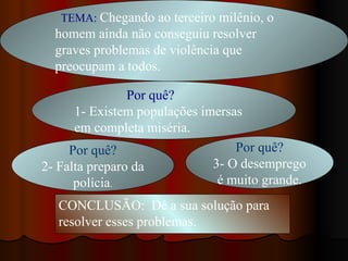 TEMA: Chegando ao terceiro milênio, o
  homem ainda não conseguiu resolver
  graves problemas de violência que
  preocupam a todos.

                Por quê?
      1- Existem populações imersas
      em completa miséria.
     Por quê?                     Por quê?
2- Falta preparo da           3- O desemprego
      polícia.                 é muito grande.
  CONCLUSÃO: Dê a sua solução para
  resolver esses problemas.
 