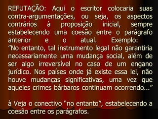 REFUTAÇÃO: Aqui o escritor colocaria suas
contra-argumentações, ou seja, os aspectos
contrários    à   proposição    inicial, sempre
estabelecendo uma coesão entre o parágrafo
anterior     e     o    atual.      Exemplo:
”No entanto, tal instrumento legal não garantiria
necessariamente uma mudança social, além de
ser algo irreversível no caso de um engano
jurídico. Nos países onde já existe essa lei, não
houve mudanças significativas, uma vez que
aqueles crimes bárbaros continuam ocorrendo...”

à Veja o conectivo “no entanto”, estabelecendo a
coesão entre os parágrafos.
 