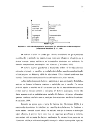 Fundamentação teórica                                   22
__________________________________________________________________________________________________________




                                Pessoas com                Pessoas motivadas,
                                formação e                 experientes e
                  COMPETÊNCIA   experiência, mas           altamente
                                sem motivação              Capacitadas


                                Pessoas sem                Pessoas motivadas,
                                motivação,                 mas sem
                                formação e                 formação
                                Experiência                ou experiência
                                                   MOTIVAÇÃO
   Figura II-2: Motivação e Competência: dois factores que determinam o nível de desempenho
                             (adaptado de Maximiano, p. 357, 2001)



        Os motivos externos são criados pela situação ou ambiente em que a pessoa se
encontra, são os estímulos ou incentivos que o ambiente oferece ou objectivos que a
pessoa persegue porque satisfazem as necessidades, despertam um sentimento de
interesse ou representam a recompensa a ser alcançada. (Chiavenato, 1999).
        Os motivos externos que afectam o desempenho podem ser divididos em duas
categorias principais – o trabalho e as condições de trabalho, segundo uma classificação
teórica proposta por Herzberg 1959 (in: Maximiano, 2001), chamada teoria dos dois
factores. É um dos mais influentes estudos sobre a motivação para o trabalho.
        A base da teoria dos dois factores é a premissa de que, em situações de trabalho,
somente os factores intrínsecos produzem a satisfação com o trabalho. Em outras
palavras, apenas o trabalho em si e os factores que lhe são directamente relacionados
podem fazer as pessoas sentirem-se satisfeitas. Os factores extrínsecos, porém, não
fazem a pessoa sentir-se satisfeita com o trabalho. Os factores extrínsecos influenciam
apenas o estado de satisfação com as condições dentro das quais o trabalho é realizado.
(Chiavenato, 1999).
        Portanto, de acordo com a teoria de Hezberg (in: Maximiano, 2001), é a
combinação do ambiente de trabalho e do conteúdo do trabalho que faz funcionar o
motor interno – um sem o outro tende a ser ineficaz. Para que os factores de motivação
sejam eficazes, é preciso haver uma base de segurança psicológica e material,
representada pela presença dos factores extrínsecos. Da mesma forma, para que os
factores de satisfação tenham efeito positivo desejado sobre o desempenho, é preciso
 