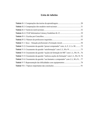 Lista de tabelas


Tabela II-1: Comparações das teorias da aprendizagem................................................ 20
Tabela II-2: Comparações dos modelos motivacionais ................................................. 31
Tabela II-3: Variáveis motivacionais............................................................................. 32
Tabela II-4: CTAP Information Literacy Guidelines K-12 ........................................... 39
Tabela IV-1: Escolas por Concelhos.............................................................................. 52
Tabela IV-2: Número de professores inquiridos............................................................ 55
Tabela V-1: Sexo – Situação profissional e Formação inicial ....................................... 58
Tabela V-2: Cruzamento da questão “possui computador” com, A, F, J, L e M........... 75
Tabela V-3: Cruzamento da questão “autoformação” com J, L, M e N ........................ 75
Tabela V-4: Cruzamento da questão “acções de formação do ME” com J, L, M e N... 76
Tabela V-5: Cruzamento da questão “realizou acções de formação” com J, L, M e N. 76
Tabela V-6: Cruzamento da questão “usa bastante o computador” com J, L, M e N.... 77
Tabela V-7: Representação das dificuldades com equipamentos .................................. 78
Tabela VI-1: Tópicos importantes das conclusões ........................................................ 91
 