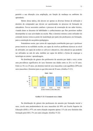 Resultados                                           73
__________________________________________________________________________________________________________



permitir a sua alteração e/ou ampliação, em função de mudança no ambiente do
aprendente.
        Dentro dessa óptica, não devem ser apenas as diversas formas de utilização e
domínio do computador que devem ser questionadas no processo de formação de
educadores. Faz-se necessário analisar o processo de construção de um saber técnico,
visando dotar os docentes de habilidades e conhecimentos que lhes permitam melhor
desempenhar as suas actividades na escola. Mas o domínio mínimo como utilizador do
conteúdo técnico torna-se ponto de insatisfação por parte dos professores em formação,
para a construção de sua prática pedagógica.
        Entendemos assim, que cursos de capacitação contribuirão para que o professor
possa inserir-se na realidade escolar, ser capaz de resolver problemas técnicos ao nível
de utilizador, ser capaz de avaliar os softwares educativos, sites educativos que poderão
ser utilizados na sala de aula, também ser capaz de definir a forma de empregar a
tecnologia no ensino / aprendizagem.
        Na distribuição do género dos professores da amostra por idade e sexo, existe
uma prevalência significativa do sexo feminino nas idades entre os 26 e os 55 anos.
Entre os 18 e os 25 anos, um domínio total do sexo masculino e um equilíbrio (50%) do
sexo masculino e feminino para os que têm mais de 56 anos. (Gráfico V-21)

                                                 Idade - Sexo

                      100                  8
                                                                                   50
                      80
                      60     100
                  %                       92            100              100
                      40
                                                                                   50
                      20
                       0
                            18-25        26-35          36-45           46-55   Mais de 56
                                           Sexo Feminino       Sexo Masculino




                                Gráfico V-21: Cruzamento sexo e idade



        Na distribuição do género dos professores da amostra por formação inicial e
sexo, revela uma predominância do sexo masculino de 89% em Escola Superior de
Educação (ESE) e 97% em outra situação enquanto apenas 11% do sexo feminino têm
formação pela ESE e 3% em outra situação. (Gráfico V-22)
 