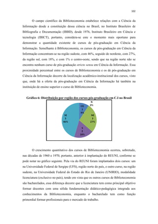 102
O campo científico da Biblioteconomia estabelece relações com a Ciência da
Informação desde a constituição dessa ciência no Brasil, no Instituto Brasileiro de
Bibliografia e Documentação (IBBD), desde 1976, Instituto Brasileiro em Ciência e
tecnologia (IBICT), portanto, considera-se este o momento mais oportuno para
demonstrar a quantidade existente de cursos de pós-graduação em Ciência da
Informação. Semelhante à Biblioteconomia, os cursos de pós-graduação em Ciência da
Informação concentram-se na região sudeste, com 46%, seguido do nordeste, com 27%,
da região sul, com 18%, e com 1% o centro-oeste, sendo que na região norte não se
encontra nenhum curso de pós-graduação stricto sensu em Ciência da Informação. Essa
proximidade percentual entre os cursos de Biblioteconomia e os de pós-graduação em
Ciência da Informação decorre da localização acadêmico-institucional dos cursos, visto
que, onde há a oferta da pós-graduação em Ciência da Informação há também na
instituição de ensino superior o curso de Biblioteconomia.
Gráfico 6: Distribuição por região dos cursos pós-graduação em C.I no Brasil
O crescimento quantitativo dos cursos de Biblioteconomia ocorreu, sobretudo,
nas décadas de 1960 e 1970, portanto, anterior à implantação do REUNI, conforme se
pode notar no gráfico seguinte. Pela via do REUNI foram implantados dois cursos: um
na Universidade Federal de Sergipe (UFS), região norte do país, e outro curso, na região
sudeste, na Universidade Federal do Estado do Rio de Janeiro (UNIRIO), modalidade
licenciatura (exclusivo no país), tendo em vista que os outros cursos de Biblioteconomia
são bacharelados, essa diferença decorre que a licenciatura tem como principal objetivo
formar docentes com uma sólida fundamentação didático-pedagógica integrada aos
conhecimentos da Biblioteconomia, enquanto o bacharelado tem como função
primordial formar profissionais para o mercado de trabalho.
 