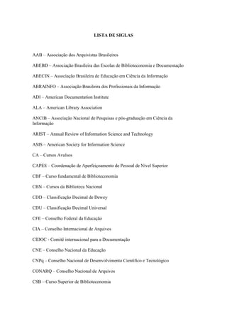 LISTA DE SIGLAS
AAB – Associação dos Arquivistas Brasileiros
ABEBD – Associação Brasileira das Escolas de Biblioteconomia e Documentação
ABECIN – Associação Brasileira de Educação em Ciência da Informação
ABRAINFO – Associação Brasileira dos Profissionais da Informação
ADI – American Documentation Institute
ALA – American Library Association
ANCIB – Associação Nacional de Pesquisas e pós-graduação em Ciência da
Informação
ARIST – Annual Review of Information Science and Technology
ASIS – American Society for Information Science
CA – Cursos Avulsos
CAPES – Coordenação de Aperfeiçoamento de Pessoal de Nível Superior
CBF – Curso fundamental de Biblioteconomia
CBN – Cursos da Biblioteca Nacional
CDD – Classificação Decimal de Dewey
CDU – Classificação Decimal Universal
CFE – Conselho Federal da Educação
CIA – Conselho Internacional de Arquivos
CIDOC - Comitê internacional para a Documentação
CNE – Conselho Nacional da Educação
CNPq – Conselho Nacional de Desenvolvimento Científico e Tecnológico
CONARQ – Conselho Nacional de Arquivos
CSB – Curso Superior de Biblioteconomia
 
