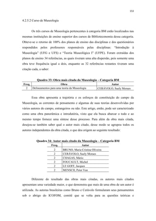 153
4.2.5.2 Curso de Museologia
Os três cursos de Museologia pertencentes à categoria BM estão localizados nas
mesmas instituições de ensino superior dos cursos de Biblioteconomia dessa categoria.
Obteve-se o retorno de 100% dos planos de ensino das disciplinas e dos questionários
respondidos pelos professores responsáveis pelas disciplinas: “Introdução à
Museologia” (UFG e UFS) e “Teoria Museológica I” (UFPE). Foram extraídas dos
planos de ensino 34 referências, as quais tiveram uma alta dispersão, pois somente uma
obra teve frequência igual a dois, enquanto as 32 referências restantes tiveram uma
citação cada, a saber:
Quadro 33: Obra mais citada da Museologia – Categoria BM
Freq. Obra Autor
2 Delineamentos para uma teoria da Museologia CERÁVOLO, Suely Moraes
Essa obra apresenta a trajetória e os esforços de constituição do campo da
Museologia, as correntes de pensamento e algumas de suas teorias desenvolvidas por
vários autores do campo, estrangeiros ou não. Este artigo, então, pode ser caracterizado
como uma obra panorâmica e introdutória, visto que ela busca abarcar o todo e ao
mesmo tempo fornece uma síntese desse processo. Para além da obra mais citada,
desejou-se também saber qual o autor mais citado, desse modo se agrupou todos os
autores independentes da obra citada, o que deu origem ao seguinte resultado:
Quadro 34: Autor mais citado da Museologia – Categoria BM
Freq. Autor
2 BRUNO, Maria Cristina Oliveira
2 CERÁVOLO, Suely Moraes
2 CHAGAS, Mário
2 FOUCAULT, Michel
2 LE GOFF, Jacques
2 MENSCH, Peter Van
Diferente do resultado das obras mais citadas, os autores mais citados
apresentam uma variedade maior, o que demonstra que mais de uma obra de um autor é
utilizada. As autoras brasileiras como Bruno e Cerávolo formularam seus pensamentos
sob o abrigo do ICOFOM, comitê que se volta para as questões teóricas e
 