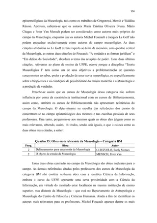 154
epistemológicas da Museologia, tais como os trabalhos de Gregorová, Mensh e Waldisa
Rússio. Ademais, salienta-se que os autores Maria Cristina Oliveira Bruno, Mário
Chagas e Peter Van Mensch podem ser considerados como autores mais próprios do
campo da Museologia, enquanto que os autores Michel Foucault e Jacques Le Goff não
podem enquadrar exclusivamente como autores do campo museológico. As duas
citações atribuídas ao Le Goff dizem respeito ao tema da memória, uma questão central
da Museologia, as outras duas citações de Foucault, “A verdade e as formas jurídicas” e
“Em defesa da Sociedade”, abordam o tema das relações de poder. Estas duas últimas
citações, referentes ao plano de ensino da UPPE, ocorre porque a disciplina “Teoria
Museológica I” tem como um de seus objetivos a problematização de questões
concernentes ao saber, poder e produção de uma teoria museológica, ou especificamente
sobre a biopolítica e as condições de possibilidade do museu moderno e a Museologia e
a produção de verdades.
Percebe-se assim que os cursos de Museologia dessa categoria não sofrem
influência por conta da coexistência institucional com os cursos de Biblioteconomia,
assim como, também os cursos de Biblioteconomia não apresentam referências do
campo da Museologia. O determinante na escolha das referências dos cursos de
concentram-se no campo epistemológico dos mesmos e nas escolhas pessoais de seus
professores. Para tanto, perguntou-se aos mesmos quais as obras eles julgam como as
mais relevantes, obtendo, assim, 14 títulos, sendo dois iguais, o que o coloca como as
duas obras mais citadas, a saber:
Quadro 35: Obra mais relevante da Museologia – Categoria BM
Freq. Obra Autor
2 Delineamentos para uma teoria da Museologia CERÁVOLO, Suely Moraes
2 O objeto de estudo da Museologia MENSCH, Peter Van
Essas duas obras centradas no campo da Museologia são obras nucleares para o
campo. As demais referências citadas pelos professores dos cursos de Museologia da
categoria BM não contêm nenhuma obra com a temática Ciência da Informação,
embora o curso da UFPE apresente uma certa proximidade com a Ciência da
Informação, em virtude do mestrado estar localizado na mesma instituição de ensino
superior, mas distante da Museologia – que está no Departamento de Antropologia e
Museologia do Centro de Filosofia e Ciências Humanas. Ainda a fim de identificar os
autores mais relevantes para os professores, Michel Foucault aparece dentre os mais
 