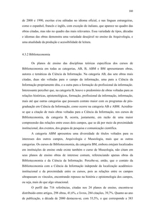 160
de 2000 e 1990, escritas e/ou editadas no idioma oficial, e nas línguas estrangeiras,
como o espanhol, francês e inglês, com exceção do italiano, que aparece no quadro das
obras citadas, mas não no quadro das mais relevantes. Essa variedade de tipos, décadas
e idiomas das obras demonstra uma variedade desejável no ensino da Arquivologia, e
uma atualidade da produção e acessibilidade de leitura.
4.3.2 Biblioteconomia
Os planos de ensino das disciplinas teóricas específicas dos cursos de
Biblioteconomia em todas as categorias, AB, B, ABM e BM apresentaram obras,
autores e temáticas da Ciência da Informação. Na categoria AB, das sete obras mais
citadas, duas são voltadas para o campo da informação, uma para a Ciência da
Informação propriamente dita, e a outra para a formação do profissional da informação.
Interessante perceber que, na categoria B, houve o predomínio de obras voltadas para as
relações históricas, epistemológicas, formação, profissional da informação, informação,
mais até que outras categorias que possuem contato maior com os programas de pós-
graduação em Ciência da Informação, como ocorre na categoria AB e ABM. Acredita-
se que a citação de mais obras voltadas para a Ciência da Informação, nos cursos de
Biblioteconomia, da categoria B, ocorra, justamente, em razão de uma maior
compreensão das relações entre esses dois campos, que se dá por meio da proximidade
institucional, dos eventos, dos grupos de pesquisa e comunicação científica.
A categoria ABM apresentou uma diversidade de títulos voltados para os
interesses dos outros campos, Arquivologia e Museologia, mais que as outras
categorias. Os cursos de Biblioteconomia, da categoria BM, embora estejam localizados
em instituições de ensino onde existe também o curso de Museologia, não citam em
seus planos de ensino obras de interesse comum, referenciando apenas obras da
Biblioteconomia e da Ciência da Informação. Percebe-se, então, que o contato da
Biblioteconomia com a Ciência da Informação independe da localização acadêmico-
institucional e da proximidade entre os cursos, pois as relações entre os campos
ultrapassam os vínculos, encontrando repouso na história e epistemologia dos campos,
ou seja, mais do que algo situacional.
O perfil das 716 referências, citadas nos 24 planos de ensino, encontra-se
distribuído entre artigos, 298 obras, 41,6%, e livros, 284 citações, 39,7%. Quanto ao ano
de publicação, a década de 2000 destacou-se, com 53,5%, o que corresponde a 383
 