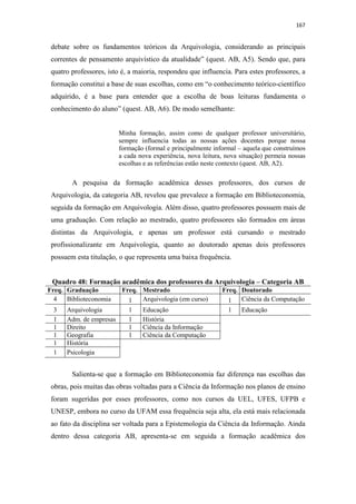 167
debate sobre os fundamentos teóricos da Arquivologia, considerando as principais
correntes de pensamento arquivístico da atualidade” (quest. AB, A5). Sendo que, para
quatro professores, isto é, a maioria, respondeu que influencia. Para estes professores, a
formação constitui a base de suas escolhas, como em “o conhecimento teórico-científico
adquirido, é a base para entender que a escolha de boas leituras fundamenta o
conhecimento do aluno” (quest. AB, A6). De modo semelhante:
Minha formação, assim como de qualquer professor universitário,
sempre influencia todas as nossas ações docentes porque nossa
formação (formal e principalmente informal – aquela que construímos
a cada nova experiência, nova leitura, nova situação) permeia nossas
escolhas e as referências estão neste contexto (quest. AB, A2).
A pesquisa da formação acadêmica desses professores, dos cursos de
Arquivologia, da categoria AB, revelou que prevalece a formação em Biblioteconomia,
seguida da formação em Arquivologia. Além disso, quatro professores possuem mais de
uma graduação. Com relação ao mestrado, quatro professores são formados em áreas
distintas da Arquivologia, e apenas um professor está cursando o mestrado
profissionalizante em Arquivologia, quanto ao doutorado apenas dois professores
possuem esta titulação, o que representa uma baixa frequência.
Quadro 48: Formação acadêmica dos professores da Arquivologia – Categoria AB
Freq. Graduação Freq. Mestrado Freq. Doutorado
4 Biblioteconomia 1 Arquivologia (em curso) 1 Ciência da Computação
3 Arquivologia 1 Educação 1 Educação
1 Adm. de empresas 1 História
1 Direito 1 Ciência da Informação
1 Geografia 1 Ciência da Computação
1 História
1 Psicologia
Salienta-se que a formação em Biblioteconomia faz diferença nas escolhas das
obras, pois muitas das obras voltadas para a Ciência da Informação nos planos de ensino
foram sugeridas por esses professores, como nos cursos da UEL, UFES, UFPB e
UNESP, embora no curso da UFAM essa frequência seja alta, ela está mais relacionada
ao fato da disciplina ser voltada para a Epistemologia da Ciência da Informação. Ainda
dentro dessa categoria AB, apresenta-se em seguida a formação acadêmica dos
 
