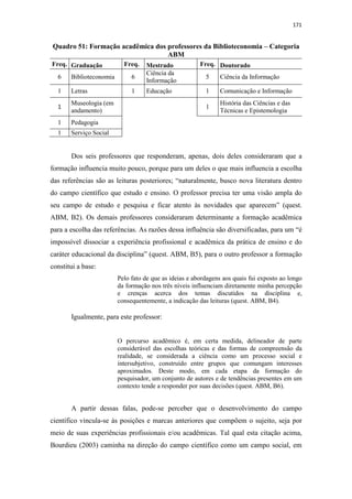 171
Quadro 51: Formação acadêmica dos professores da Biblioteconomia – Categoria
ABM
Freq. Graduação Freq. Mestrado Freq. Doutorado
6 Biblioteconomia 6
Ciência da
Informação
5 Ciência da Informação
1 Letras 1 Educação 1 Comunicação e Informação
1
Museologia (em
andamento)
1
História das Ciências e das
Técnicas e Epistemologia
1 Pedagogia
1 Serviço Social
Dos seis professores que responderam, apenas, dois deles consideraram que a
formação influencia muito pouco, porque para um deles o que mais influencia a escolha
das referências são as leituras posteriores; “naturalmente, busco nova literatura dentro
do campo científico que estudo e ensino. O professor precisa ter uma visão ampla do
seu campo de estudo e pesquisa e ficar atento às novidades que aparecem” (quest.
ABM, B2). Os demais professores consideraram determinante a formação acadêmica
para a escolha das referências. As razões dessa influência são diversificadas, para um “é
impossível dissociar a experiência profissional e acadêmica da prática de ensino e do
caráter educacional da disciplina” (quest. ABM, B5), para o outro professor a formação
constitui a base:
Pelo fato de que as ideias e abordagens aos quais fui exposto ao longo
da formação nos três níveis influenciam diretamente minha percepção
e crenças acerca dos temas discutidos na disciplina e,
consequentemente, a indicação das leituras (quest. ABM, B4).
Igualmente, para este professor:
O percurso acadêmico é, em certa medida, delineador de parte
considerável das escolhas teóricas e das formas de compreensão da
realidade, se considerada a ciência como um processo social e
intersubjetivo, construído entre grupos que comungam interesses
aproximados. Deste modo, em cada etapa da formação do
pesquisador, um conjunto de autores e de tendências presentes em um
contexto tende a responder por suas decisões (quest. ABM, B6).
A partir dessas falas, pode-se perceber que o desenvolvimento do campo
científico vincula-se às posições e marcas anteriores que compõem o sujeito, seja por
meio de suas experiências profissionais e/ou acadêmicas. Tal qual esta citação acima,
Bourdieu (2003) caminha na direção do campo científico como um campo social, em
 