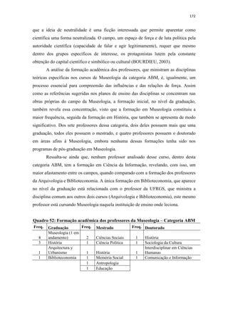 172
que a ideia de neutralidade é uma ficção interessada que permite aparentar como
científica uma forma neutralizada. O campo, um espaço de força e de luta política pela
autoridade científica (capacidade de falar e agir legitimamente), requer que mesmo
dentro dos grupos específicos de interesse, os protagonistas lutem pela constante
obtenção do capital científico e simbólico ou cultural (BOURDIEU, 2003).
A análise da formação acadêmica dos professores, que ministram as disciplinas
teóricas específicas nos cursos de Museologia da categoria ABM, é, igualmente, um
processo essencial para compreensão das influências e das relações de força. Assim
como as referências sugeridas nos planos de ensino das disciplinas se concentram nas
obras próprias do campo da Museologia, a formação inicial, no nível da graduação,
também revela essa concentração, visto que a formação em Museologia constituiu a
maior frequência, seguida da formação em História, que também se apresenta de modo
significativo. Dos sete professores dessa categoria, dois deles possuem mais que uma
graduação, todos eles possuem o mestrado, e quatro professores possuem o doutorado
em áreas afins à Museologia, embora nenhuma dessas formações tenha sido nos
programas de pós-graduação em Museologia.
Ressalta-se ainda que, nenhum professor analisado desse curso, dentro desta
categoria ABM, tem a formação em Ciência da Informação, revelando, com isso, um
maior afastamento entre os campos, quando comparado com a formação dos professores
da Arquivologia e Biblioteconomia. A única formação em Biblioteconomia, que aparece
no nível da graduação está relacionada com o professor da UFRGS, que ministra a
disciplina comum aos outros dois cursos (Arquivologia e Biblioteconomia), este mesmo
professor está cursando Museologia naquela instituição de ensino onde leciona.
Quadro 52: Formação acadêmica dos professores da Museologia – Categoria ABM
Freq. Graduação Freq. Mestrado Freq. Doutorado
4
Museologia (1 em
andamento) 2 Ciências Sociais 1 História
3 História 1 Ciência Política 1 Sociologia da Cultura
1
Arquitectura y
Urbanismo 1 História 1
Interdisciplinar em Ciências
Humanas
1 Biblioteconomia 1 Memória Social 1 Comunicação e Informação
1 Antropologia
1 Educação
 