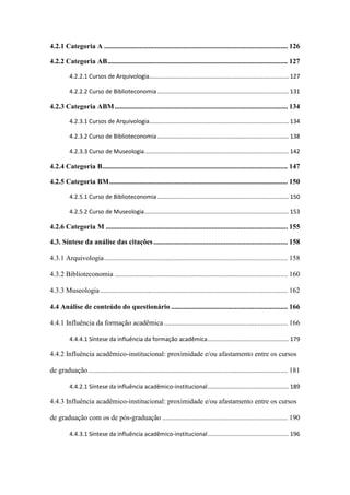 4.2.1 Categoria A ........................................................................................................ 126
4.2.2 Categoria AB...................................................................................................... 127
4.2.2.1 Cursos de Arquivologia...................................................................................... 127
4.2.2.2 Curso de Biblioteconomia ................................................................................. 131
4.2.3 Categoria ABM.................................................................................................. 134
4.2.3.1 Cursos de Arquivologia...................................................................................... 134
4.2.3.2 Curso de Biblioteconomia ................................................................................. 138
4.2.3.3 Curso de Museologia......................................................................................... 142
4.2.4 Categoria B......................................................................................................... 147
4.2.5 Categoria BM..................................................................................................... 150
4.2.5.1 Curso de Biblioteconomia ................................................................................. 150
4.2.5.2 Curso de Museologia......................................................................................... 153
4.2.6 Categoria M ....................................................................................................... 155
4.3. Síntese da análise das citações............................................................................ 158
4.3.1 Arquivologia........................................................................................................ 158
4.3.2 Biblioteconomia .................................................................................................. 160
4.3.3 Museologia .......................................................................................................... 162
4.4 Análise de conteúdo do questionário .................................................................. 166
4.4.1 Influência da formação acadêmica ...................................................................... 166
4.4.4.1 Síntese da influência da formação acadêmica.................................................. 179
4.4.2 Influência acadêmico-institucional: proximidade e/ou afastamento entre os cursos
de graduação................................................................................................................. 181
4.4.2.1 Síntese da influência acadêmico-institucional.................................................. 189
4.4.3 Influência acadêmico-institucional: proximidade e/ou afastamento entre os cursos
de graduação com os de pós-graduação ....................................................................... 190
4.4.3.1 Síntese da influência acadêmico-institucional.................................................. 196
 