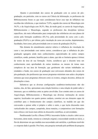 212
Quanto à proximidade dos cursos de graduação com os cursos de pós-
graduação, em particular, com os cursos em Ciência da Informação, os professores da
Biblioteconomia foram os que mais consideraram haver esse tipo de influência nas
escolhas das referências, o que totalizou 73,9%, seguido dos cursos de Museologia com
54,5%, e da Arquivologia com 38,5%. Mas, de modo geral, os cursos de Arquivologia,
Biblioteconomia e Museologia, segundo os professores das disciplinas teóricas
específicas, são mais influenciados para composição das referências em seus planos de
ensino pela formação acadêmica (85,1%), pela proximidade do curso com a pós-
graduação (59,6%) e, por último, pela vinculação do curso em escolas, departamentos,
faculdades, bem como, pela proximidade com os cursos de graduação (36,2%).
Não distante do entendimento anterior relativo à influência da vinculação do
curso e sua proximidade com outros cursos, considera-se que a influência da pós-
graduação agregaria ainda mais conhecimentos especializados de outros campos
científicos, sendo, portanto, benéfica para o aluno, que não se limitaria apenas à leitura
de textos da área de sua formação. Assim, acredita-se que o discente teria um
conhecimento mais aprofundado de outras temáticas ou mesmo de temas mais
complexos de sua área de formação, que geralmente não seriam trabalhados ou
estudados a fundo, nos cursos de graduação caso estivessem afastados dos cursos de
pós-graduação, dos professores que nesses programas ministram suas aulas e da própria
estrutura que esses programas oferecem como os eventos, estágios docentes, defesas de
dissertações e teses.
Salienta-se que as diversas configurações acadêmico-institucionais não são
neutras, elas, de fato, apresentam uma relação histórica e uma relação de poder-saber e
interesses, que se estabelece entre as partes envolvidas. Esse contato entre os cursos de
Arquivologia, Biblioteconomia e Museologia nas diversas instituições de ensino
superior, localizados nos quatro pontos cardeais, constitui em um elemento capaz de
contribuir para o fortalecimento dos campos científicos, na medida em que são
convocados a pensar sobre si próprio e sobre o outro, o que incita discussões mais
verticalizadas dos campos, cumprindo, dessa maneira, o compromisso com formações
mais críticas e em locais mais afeitos às discussões científicas, as universidades.
Parafraseando Laville e Dione (1999) é necessário fechar o círculo e abrir novos
horizontes, deste modo, retoma-se a intenção original, à necessidade sentida no início, a
fim de determinar em que medida essa necessidade está satisfeita, o problema resolvido
e a resposta dada à questão. Pois bem, esta pesquisa norteada pelo problema de pesquisa
 