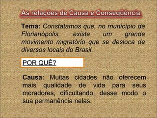 Tema: Constatamos que, no município de
Florianópolis, existe um grande
movimento migratório que se desloca de
diversos locais do Brasil.
POR QUÊ?
Causa: Muitas cidades não oferecem
mais qualidade de vida para seus
moradores, dificultando, desse modo o
sua permanência nelas.
 